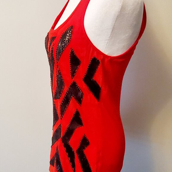 BOGO 50% EXPRESS Y2K Women's XS Red Tank Top Black Beaded Abstract Geo Design - Picture 4 of 6